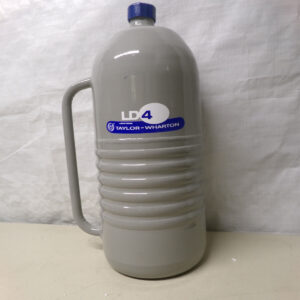 A grey metal canister with a blue cap and handle.