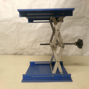Blue and silver scissor lift table.